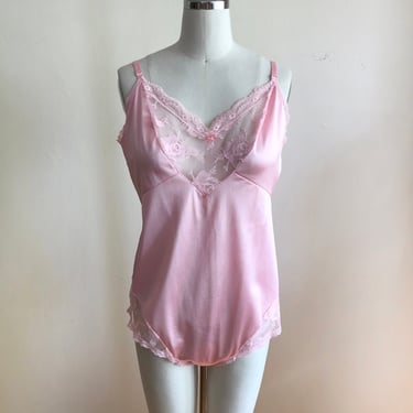 Light Pink Lingerie Romper/Teddy with Lace Trim - 1980s 