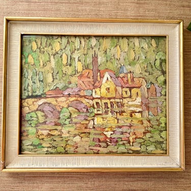 Vintage Framed Textured Abstract Art - Green Yellow Peach Rust Lavender 