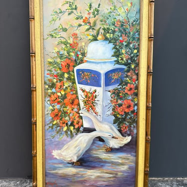 Framed and Signed Chinoiserie Painting in Faux Bamboo Frame 