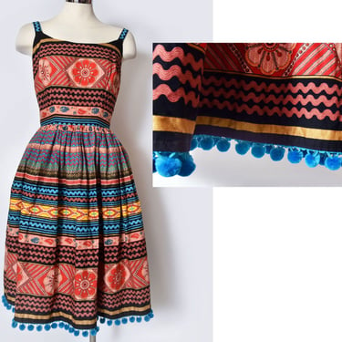 Vintage Fit & Flare Dress, Stripes, Ball Trim, Cotton, Sun Dress, Full skirt, Multi colored, Mexican Spanish Summer dress 