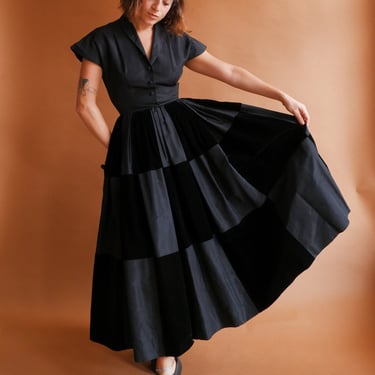 Vintage 50s Black Checkerboard Gown/ 1950s Traina Norell Tafetta and Velvet Full Skirt Dress/ New Look/ Size XS 24 