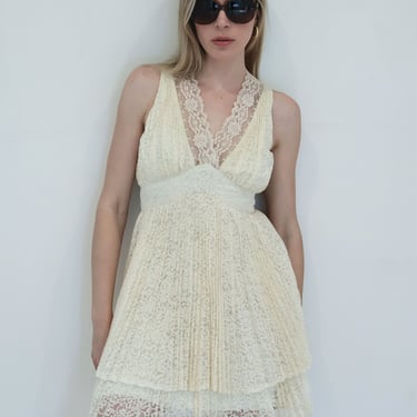 Vintage 1960s Cream Accordian Pleated Tiered Lace Babydoll Minidress with Umpire Waist Sheer Bullock's 1960s XS S Layered 