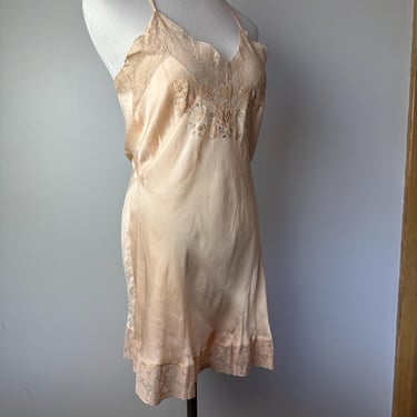 1930’s step in lace neglige’ romper/ slip 100% silk Pale peachy-pink hue~ delicate 30’s pinup style undergarment or slip alternative ~ S/M 