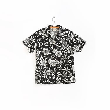 Vintage Y2k black + white Hibiscus Hawaiian shirt 