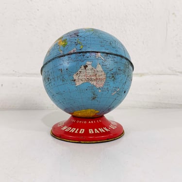 Vintage Globe Bank Mid Century Ohio Art Tin Lithograph Metal World Map Mantique Baby Kids Room Decor Nursery 1950s 