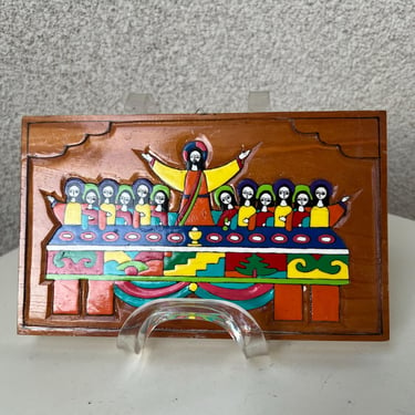 Vintage Carved Wood Religious Last Supper Wall Hanging El Salvador Folk Art 