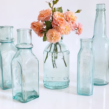Antique aqua glass bottle collection, Embossed glass  F & J Heinz, Adolphus Busch Beer bottle, Pickle jar, Blue glass Food Jars 