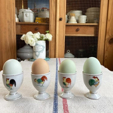 Beautiful vintage French ironstone set of 4 egg cups with roasters- EC4 