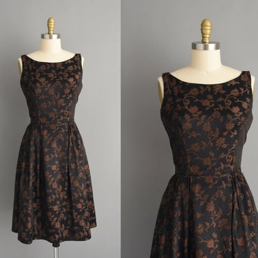 1950s vintage dress | Gorgeous Black & Brown Floral Cocktail Dress | Small | 50s dress 