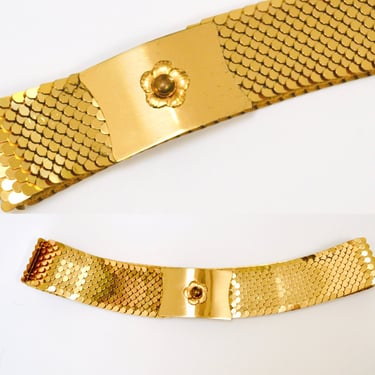70s 80s Vintage Gold Stretch Belt Metal Flower 70s Disco Vintage Stretch Metallic Gold Wedding Belt Small Medium 24-32 flower belt buckle 