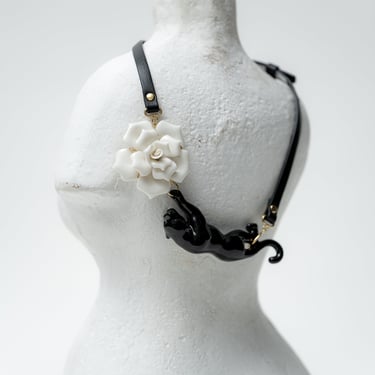 Leather and Porcelain Flower Panther Choker