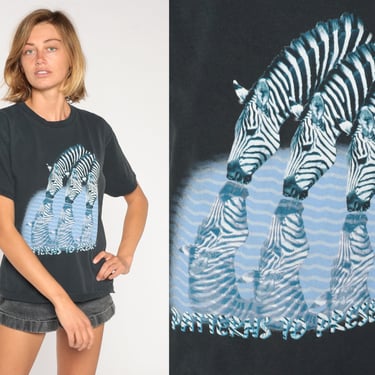 Zebra T-Shirt 90s Wildlife Conservation Shirt Patterns to Preserve Retro Animal Graphic Tee Nature Lover Black Vintage 1990s Small Medium 
