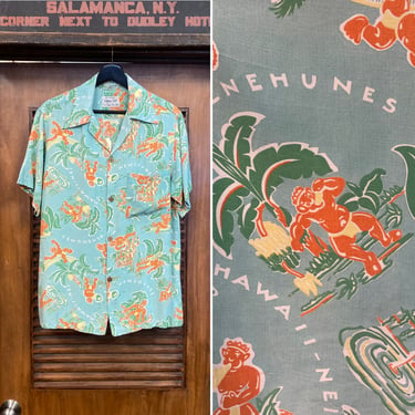 Vintage 1940’s Menehune Mythical Cartoon Tropical Rayon Hawaiian Shirt, 40’s Vintage Clothing 