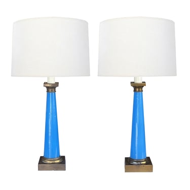 Pair of French 1950s Cerulean Blue Opaline Concical-form Lamps