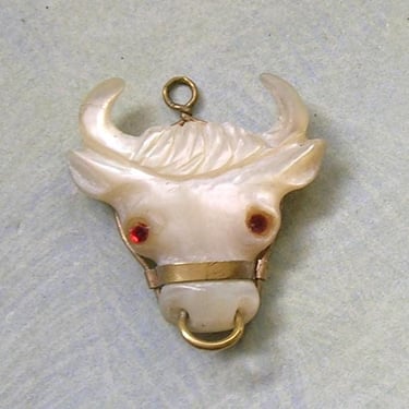 Antique MOP Bull Fob, Mother of Pearl Bull, Antique Watch Fob, MOP Steer Fob (#4513) 