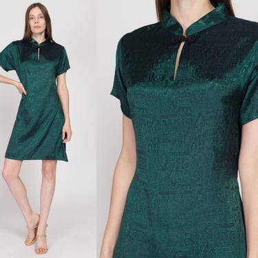 Large 90s Emerald Green Thai Silk Jacquard Mini Dress | Vintage Boho Cheongsam Style Tie Back Dress 