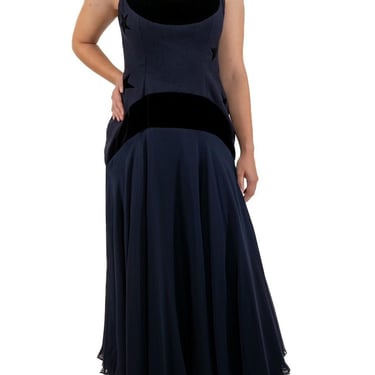 1990S Navy Blue Silk Chiffon & Velvet Trimmed Cashmere Knit Gown With Intarsia Stars XL 