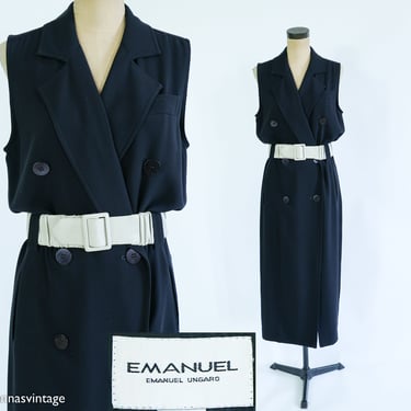 Emanuel Ungaro | 1990s Black Sleeveless Dress | 90s Black Button Front Maxi Dress | EMANUEL | Medium 