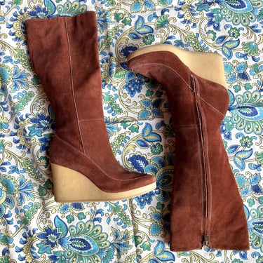 Vintage 1970s Boots / 70s LL Bean Suede Knee High Wedge Boots / Brown ( size 7 ) 