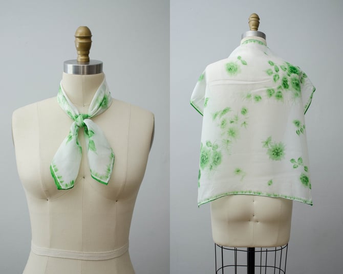square silk scarf | green floral scarf | 1950s silk scarf 