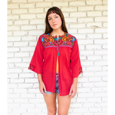 Embroidered Gauze Blouse // vintage open cotton boho hippie Mexican embroidered dress hippy red 70s // S/M 