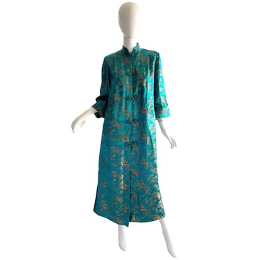 70s Peony Brocade Dress Robe / Vintage Asian Embroidered Dress / Art Deco Robe Caftan Large 
