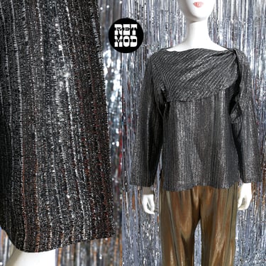 Sparkly Vintage 70s 80s Silver Black Lurex Ribbed Party Blouse with Neck Sash Tie 