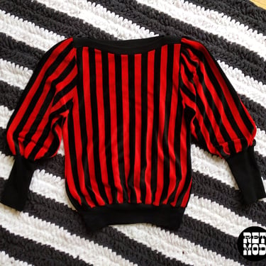 Super Cool Soft Vintage 70s 80s Red & Black Stripe Velour Top with Bishop Sleeves 