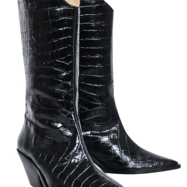 & Other Stories - Black Croc Embossed Leather Cowboy Boots Sz 9.5