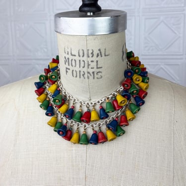 Vintage 30s 40s Miriam Haskell Frank Hess Long Necklace Wooden Bells Celluloid Glass Beads 