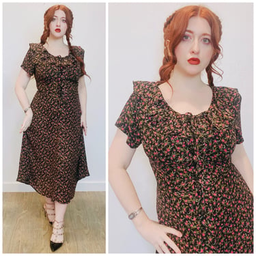 1990s Vintage Poly Chiffon betsy Lauren Tea Dress / 90s / Nineties Ruffled Collar Semi Sheer Floral Dress / Size Large 