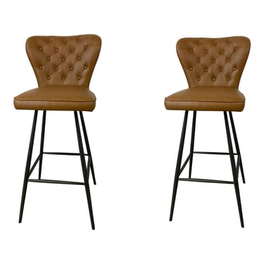 Modern Tufted Cognac Faux Leather Bar Stools Pair