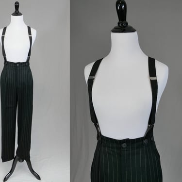 90s Cuffed Black Pants w/ Suspenders - 30 waist - Pinstriped Pleated High Waisted Trousers - MJ Carroll - Vintage 1990s - 29