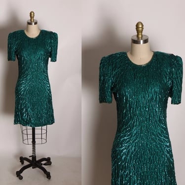 1980s Teal Blue Green Short Sleeve Sequin Mini Dress by Laurence Kazar -S 