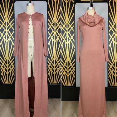 1970s maxi dress, vintage 70s dress set, cowl neck dress, taupe polyester, hooded, 1970s duster, dress and jacket, small medium, biba style 