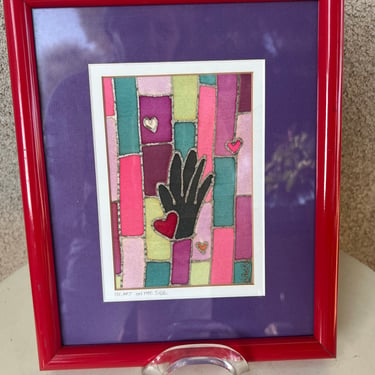 Vintage 1990s silk fabric art theme heart on the side framed signed Jane Murray Lewis 