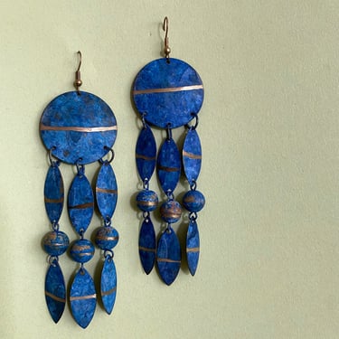 vintage blue and gold metal dangle earrings 
