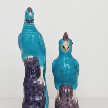 Pair Art Deco Chinese Porcelain turquoise & aubergine glaze models of parrot, cockatoos, birds figurines hand painted 