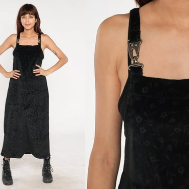 Velvet Overall Dress 90s Maxi Black Floral Pinafore Column Jumper Dress LOW ARMHOLE 1990s Vintage Sleeveless Grunge Small S 