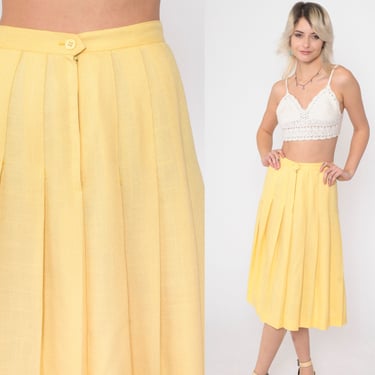 Yellow Pleated Skirt 70s Midi High Waist Skirt Pastel School Girl Secretary Vintage 1970s Plain Retro Extra Small xs 