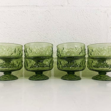 Vintage Avocado Green Anchor Hocking Lido Milano Crinkle Glass Glasses Set of 8 Pedestal Textured Champagne Coupe Sherbet 1970s 