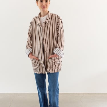 Vintage Brown White Striped Shirt Jacket | Unisex Flannel Stripe Cotton Pajama Chore shirt | L | SJ012 