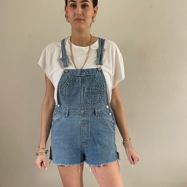 90s denim overalls / vintage faded light wash soft baggy blue jean denim cut off shorts short bib overalls | Medium 