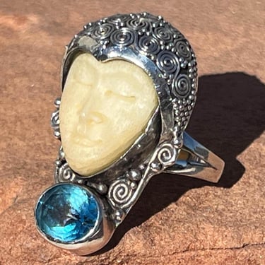 Vintage Sterling Silver Carved Face Warrior Ring with Blue Glass - Size 6.5 