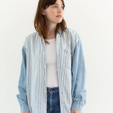 Vintage Striped Light Denim Button Down Shirt | 90s Blue Stripe Unisex Jean Painter | M L | 