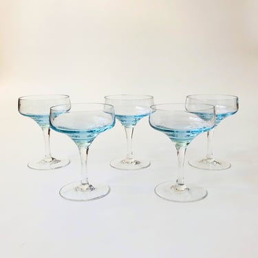Mid Century Blue Coupe Glasses / Set of 5 
