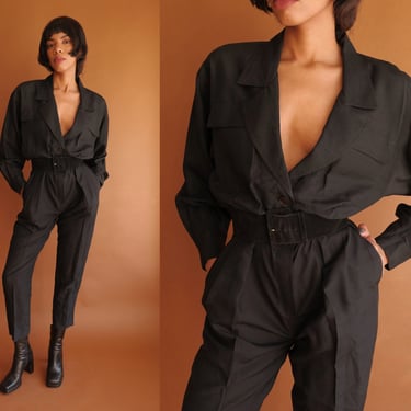 Vintage 80s Black Silk Jumpsuit/ Size Small 