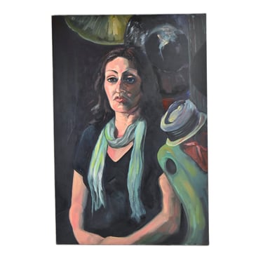 Oil Painting Portrait Woman w Green Scarf by Lenell Chicago Artist 