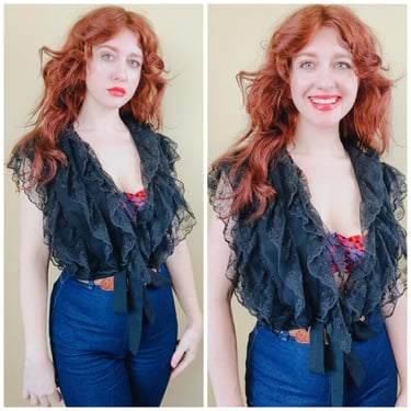 1970s Frances Henaghan Saks Fifth Avenue Crop Top / 70s Black Coquette Ruffled Lace Tie Front Blouse / Small - Medium 