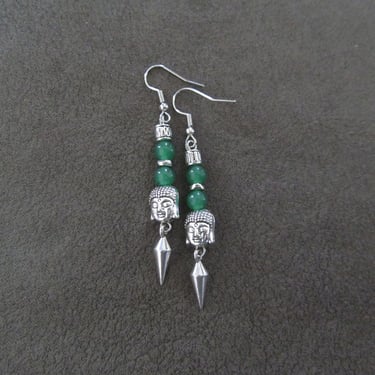 Buddha earrings, green jadeite and silver earrings 
